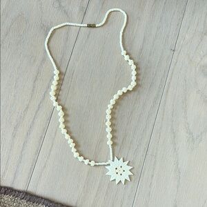 Vintage celluloid Carved Elegant Cream Beaded Necklace with Sunflower Pendant